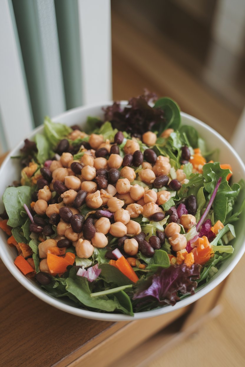 Photo — A salad bowl indoors featuring mixed greens scattered with chickpeas, black beans, and colorful veggies. No logos or text.
