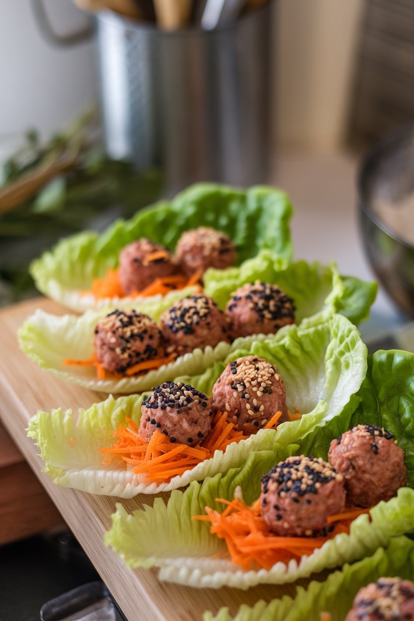 Butter lettuce leaves holding small sesame-seed-topped meatballs and shredded carrot indoors. No text or logos. Photo.