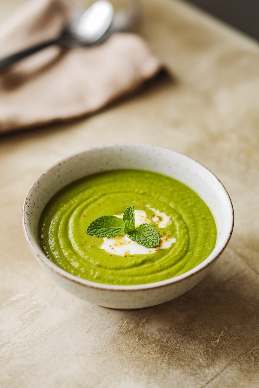 Indoor photo of bright green pea soup with mint leaf garnish on a neutral tabletop; no text or logos