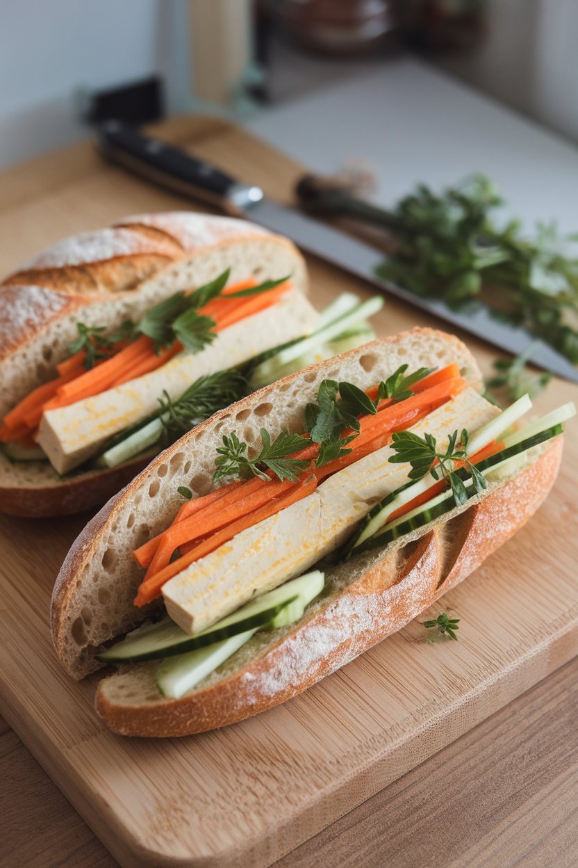 An indoor cutting board with a split baguette stuffed with lemongrass tofu slices, pickled carrots, cucumber ribbons, and fresh herbs. No text or logos; photo, not illustration.