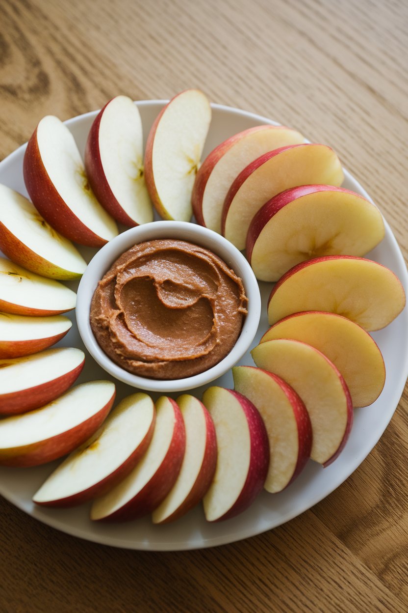 Photo of an indoor plate holding crisp apple wedges fanned out beside a small dish of almond butter, no text or logos