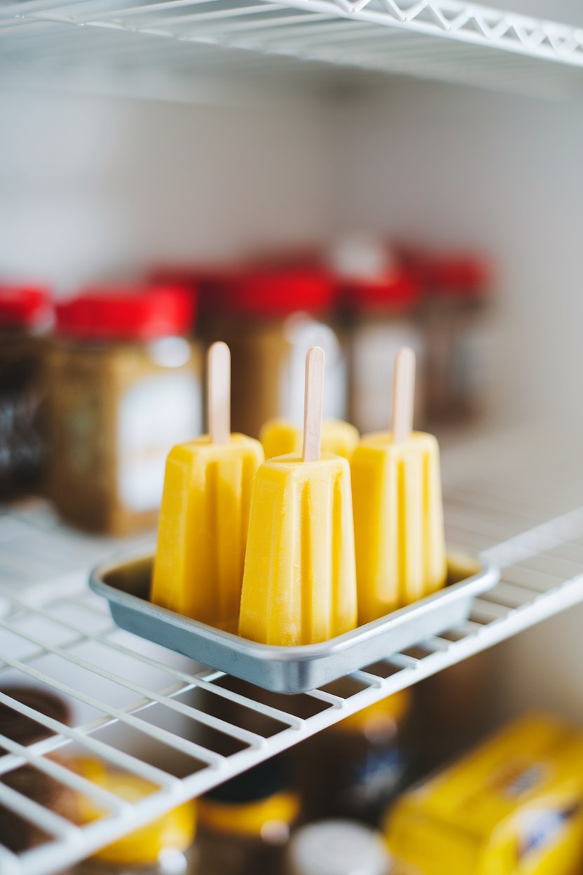 Indoor freezer shelf with bright yellow popsicles on a small tray, hint of spice jars blurred behind. No text or logos.