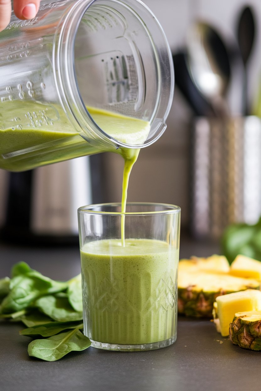 Indoor blender jar filled with bright green smoothie, poured into a clear glass on a kitchen counter, spinach leaves and pineapple chunks nearby. No text or logos, photo not illustration.