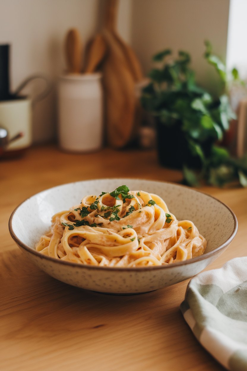 Warm indoor kitchen table featuring a bowl of fettuccine coated in a pale cashew Alfredo sauce, sprinkled with chopped parsley. No text or logos on dishware.