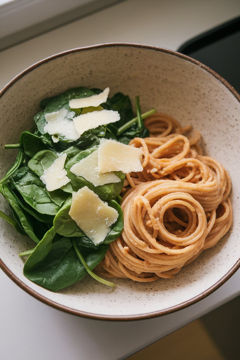 A shallow bowl indoors of whole-wheat spaghetti lightly coated in lemon sauce with wilted baby spinach and parmesan curls; no text or logos.