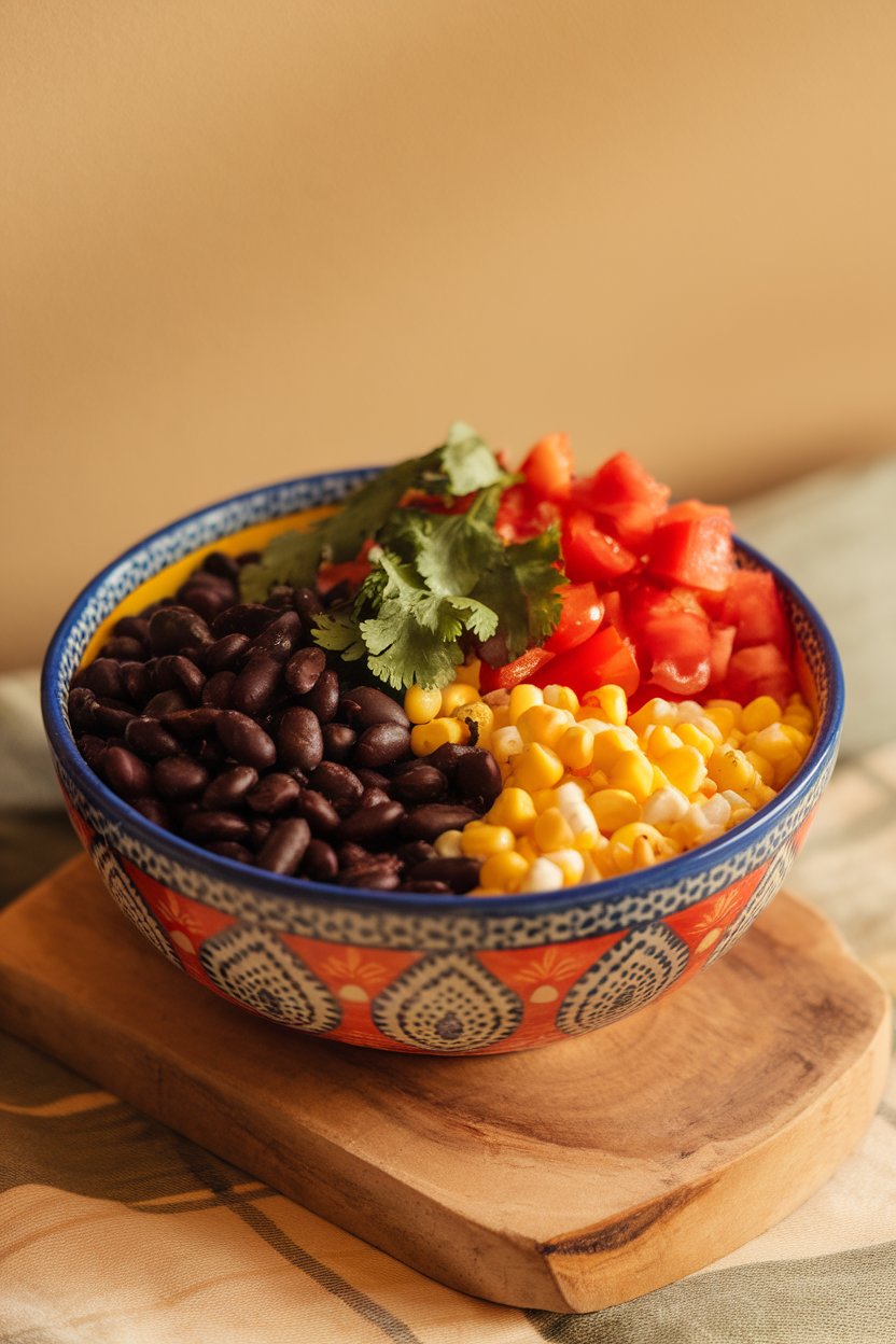 Photo of a colorful salad bowl holding black beans, roasted corn, diced tomatoes, and cilantro, indoors under warm light, no text or logos.