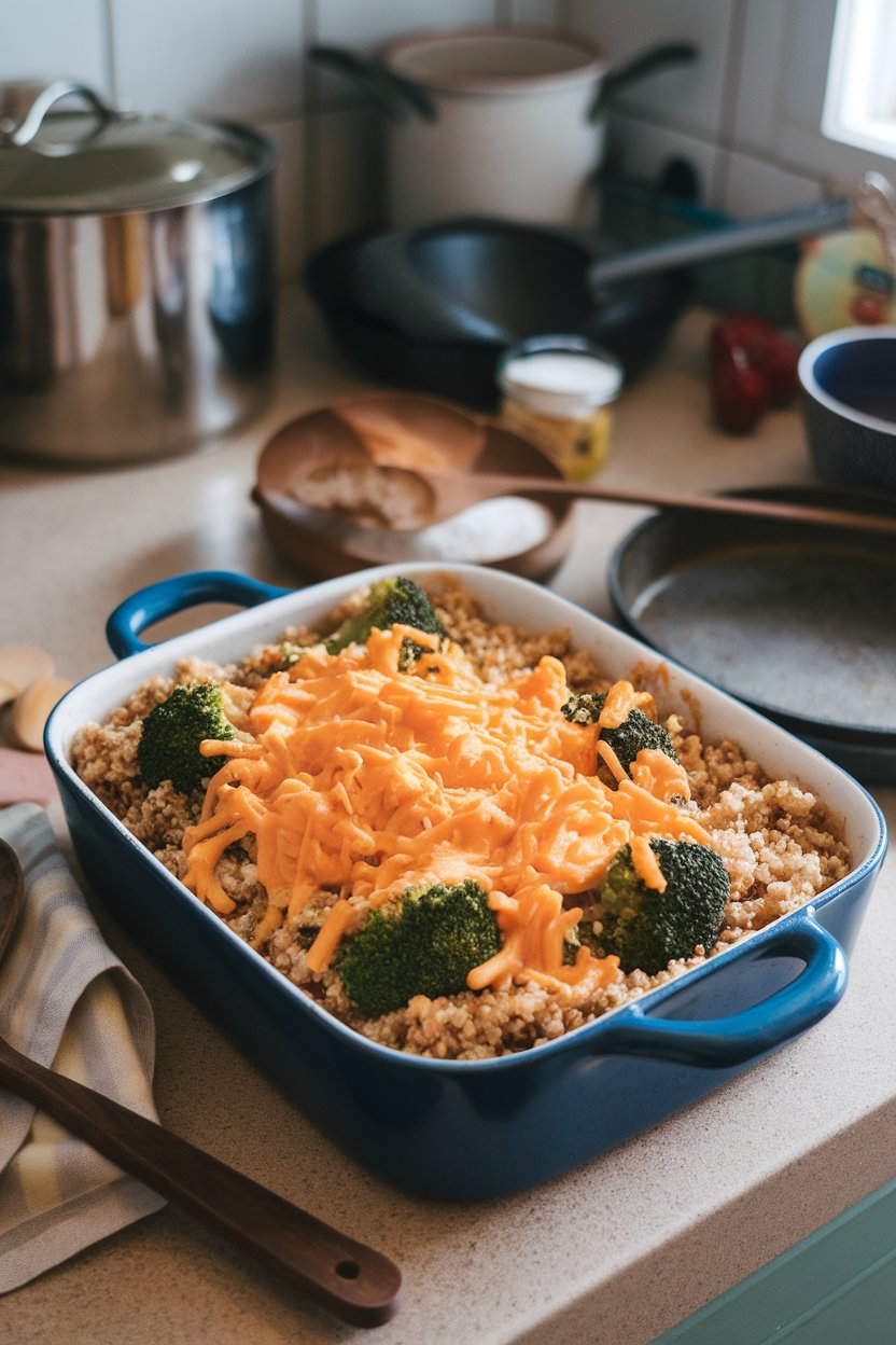 A bubbling casserole dish on an indoor countertop, filled with fluffy quinoa, vibrant broccoli florets, and golden melted cheddar on top. Photo only, no text or logos.