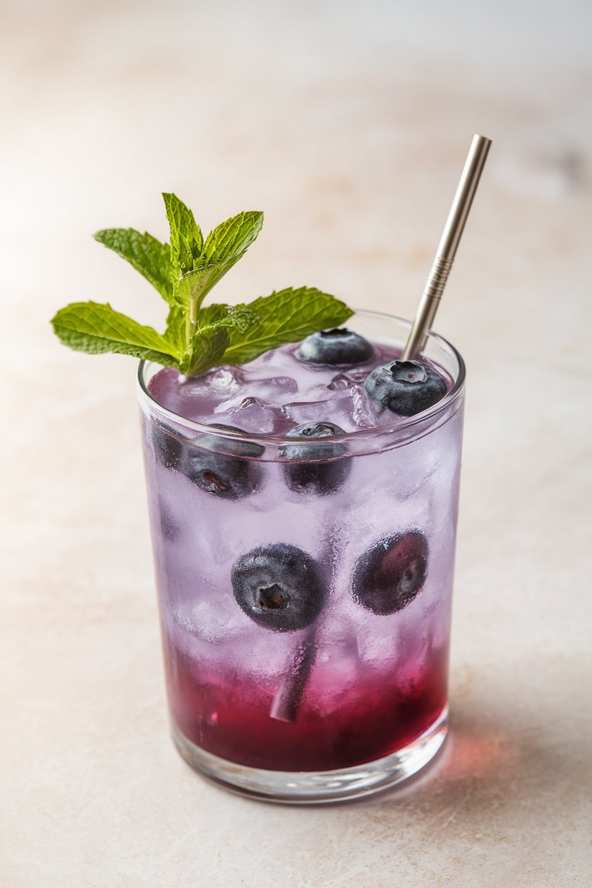 Indoor collins glass filled with violet-hued blueberry collins, mint sprig and straw. No branding visible.