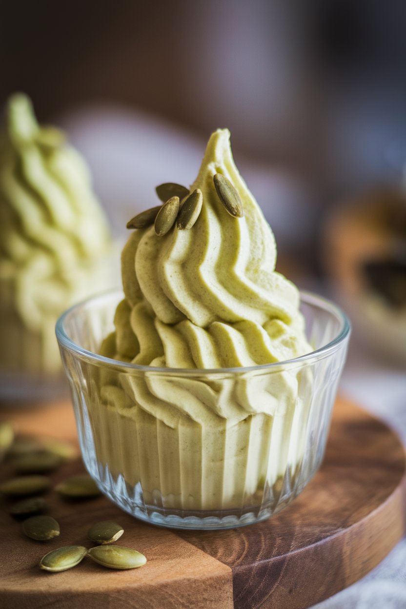 Indoor dessert bowl with pale green matcha banana soft serve, topped with a few pumpkin seeds. No text or logos.