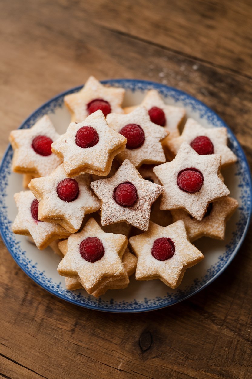 A plate indoors showcasing star-shaped linzer cookies with raspberry centers peeking through, lightly dusted with monk fruit powdered sweetener. No logos present.