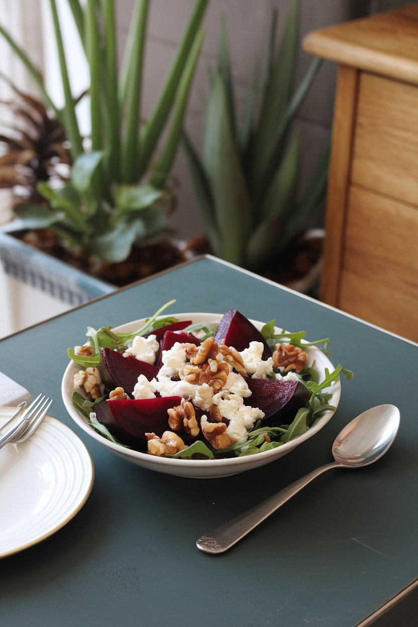 An indoor bistro table with a salad bowl containing roasted beet wedges, crumbled goat cheese, arugula, and walnut pieces. No branding or text. Photo.