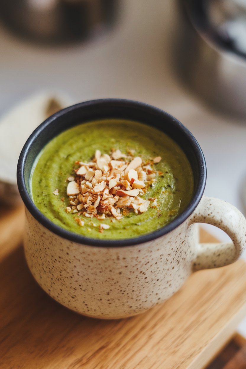 Indoor soup mug filled with green broccoli soup, garnished with crushed almonds—no text or logos.