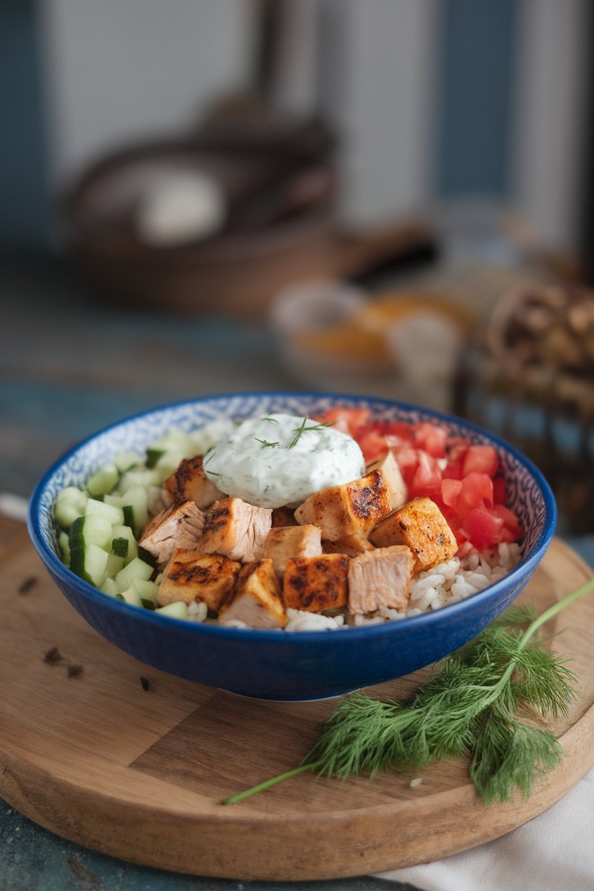 Indoor bowl with rice, grilled chicken cubes, diced cucumber, tomato, and a dollop of tzatziki. No logos.