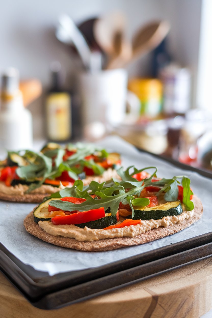 An indoor baking stone with whole-wheat flatbread spread with hummus and topped with roasted zucchini, red peppers, and arugula; no text or logos; photo