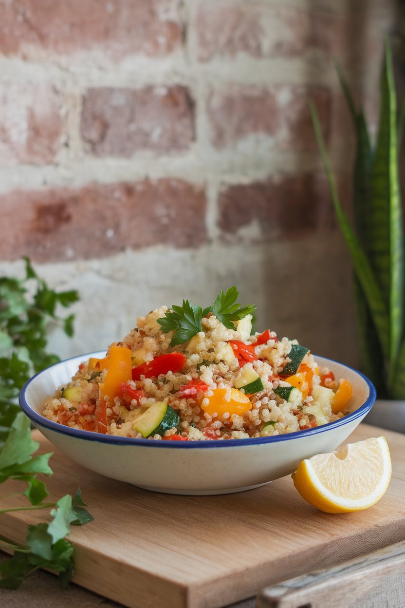 Indoor kitchen counter scene with a shallow white bowl filled with fluffy quinoa tossed with diced bell peppers, zucchini, and parsley, topped with a lemon wedge—soft natural lighting, no text or logos.