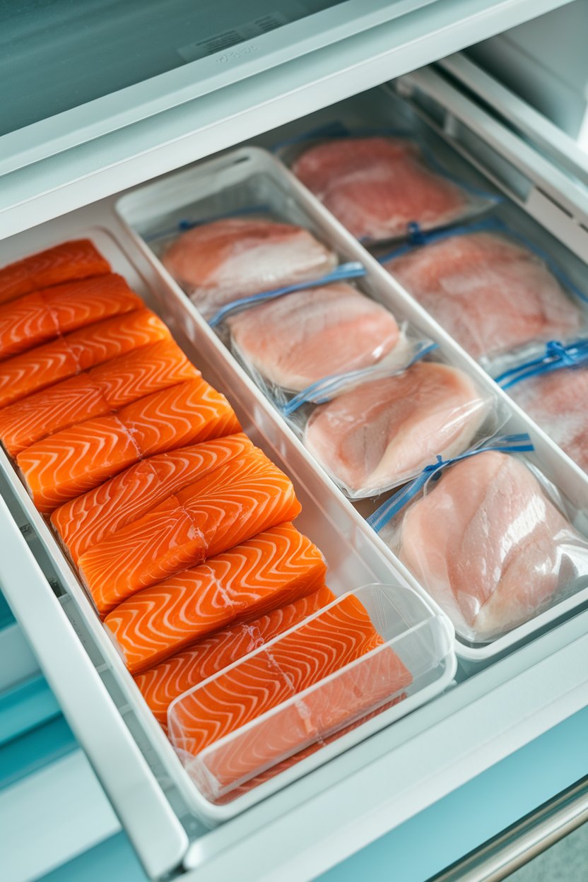 An indoor freezer drawer neatly organized with frozen salmon fillets and chicken breasts in clear bags, no text or logos, photo only
