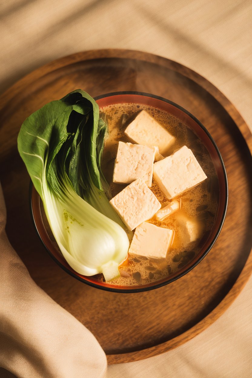 Indoor photo of a steaming bowl of miso soup featuring silken tofu cubes and baby bok choy, overhead view, no text or logos