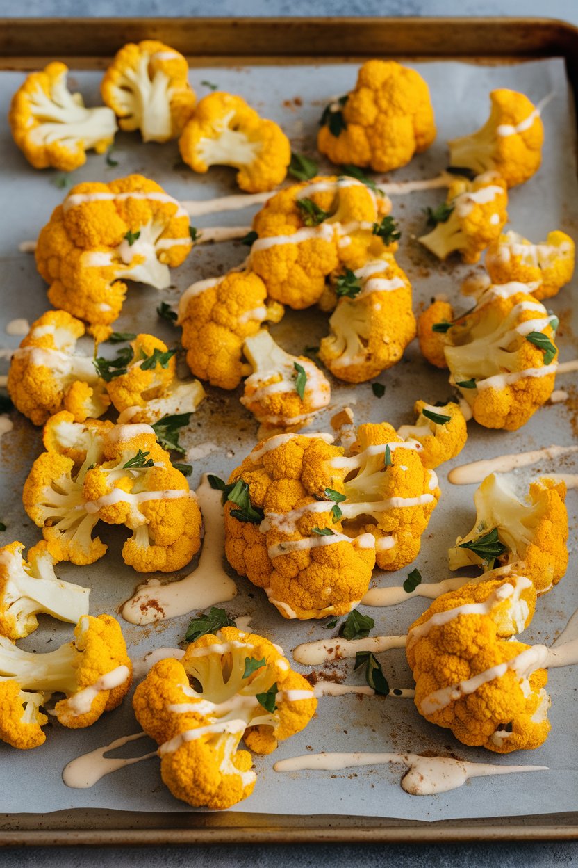 Photo prompt: Indoor baking sheet with golden turmeric-coated cauliflower florets drizzled with creamy tahini sauce, parsley sprinkled on top. No text or logos.