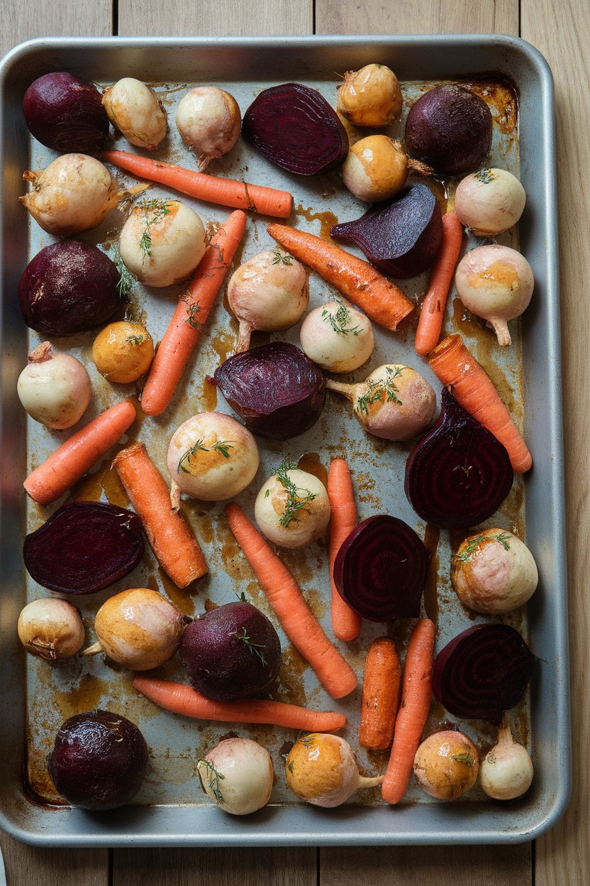 A sheet pan indoors loaded with assorted cooked root vegetables—beets, carrots, turnips—glazed with maple syrup, herbs scattered—no logos. Photo.
