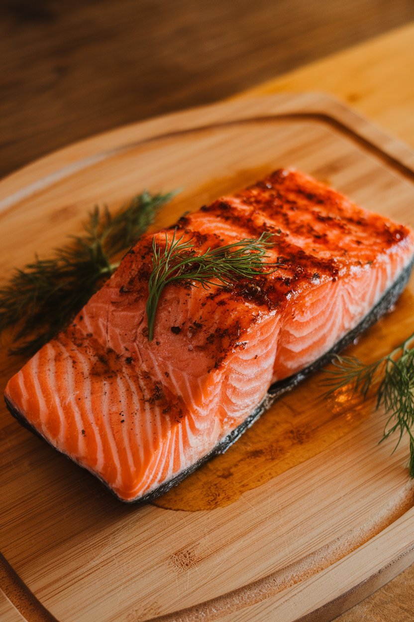 An indoor serving board featuring cooked cedar-plank salmon brushed with a maple-mustard glaze, garnished with dill; no text or logos.