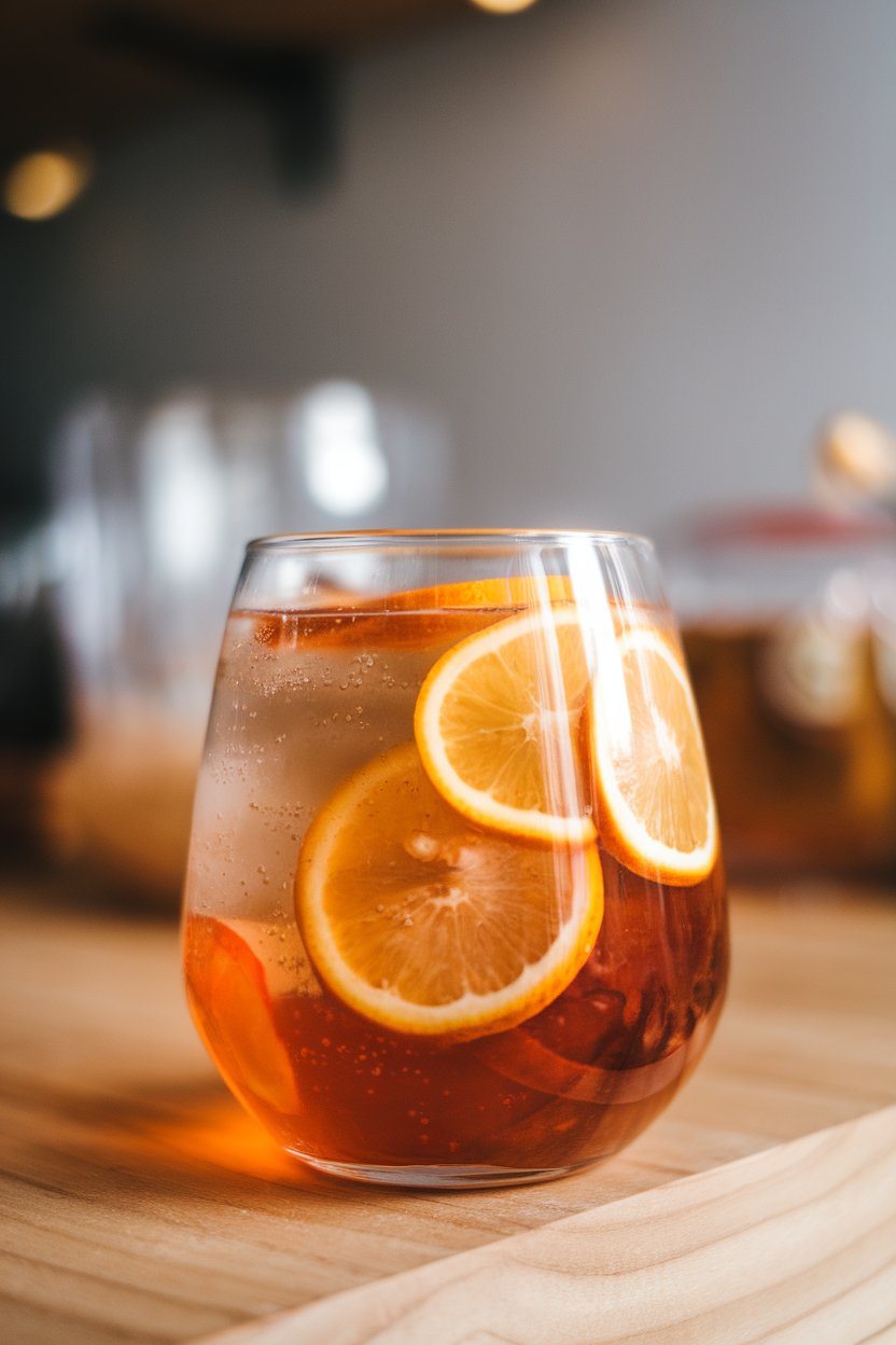 Photo of stemless indoor glasses with fizzy amber kombucha, floating citrus wheels and ginger slices, no text or logos.