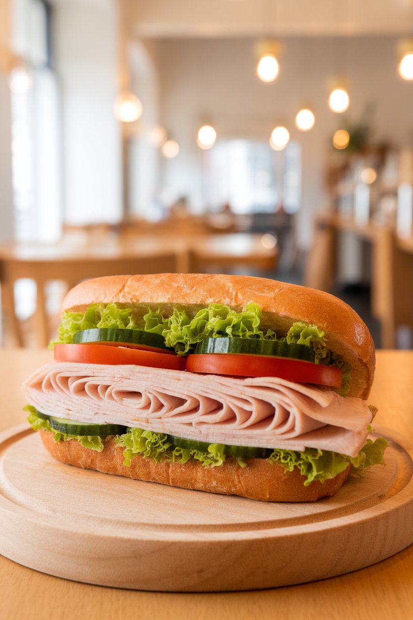 Indoor close-up of a turkey sandwich piled with lettuce, tomato, and cucumber slices, viewed from the side to show layers. Bright café lighting, no text or logos.