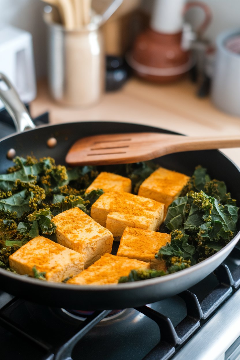Indoor stovetop shot of a skillet filled with golden turmeric-seasoned tofu and bright green kale ribbons, wooden spatula resting on the pan. No text or logos, photo not illustration.