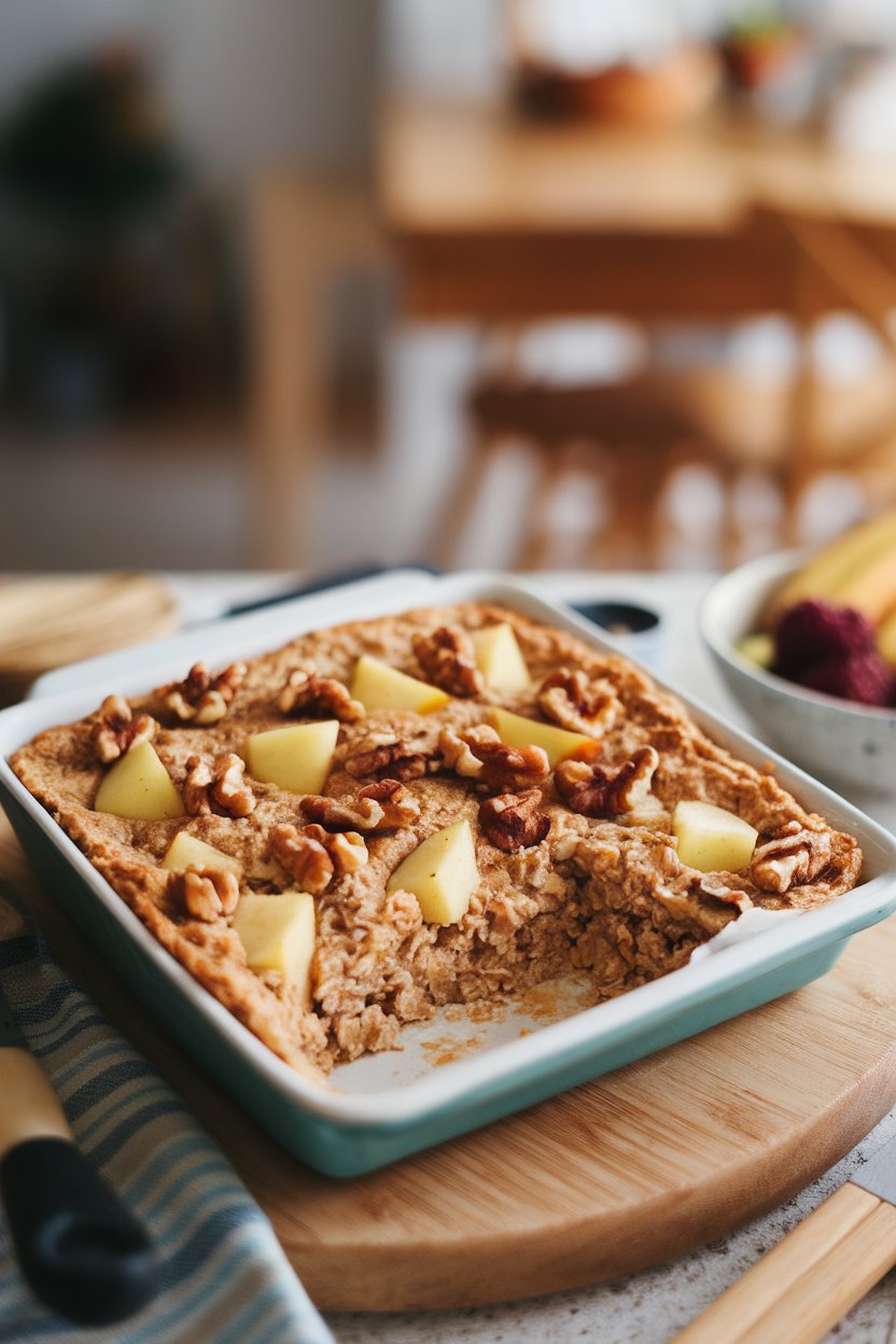 Indoor breakfast scene of a square dish of baked oatmeal studded with apple chunks and toasted walnut pieces, corner piece removed. No logos or text.
