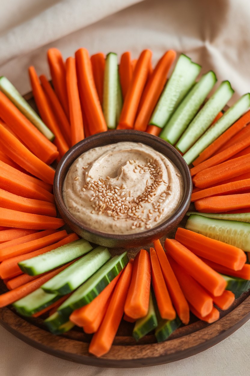 Indoor platter of carrot and cucumber sticks flanking a small bowl of creamy tahini dip sprinkled with sesame seeds. No text or logos; photo.
