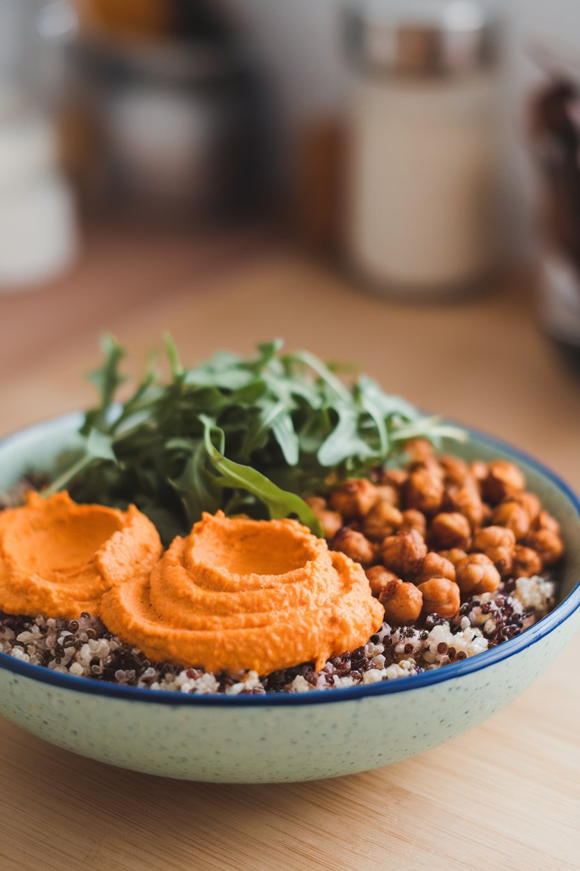Indoor bowl with quinoa base, dollops of orange carrot hummus, roasted chickpeas, and arugula. No logos.