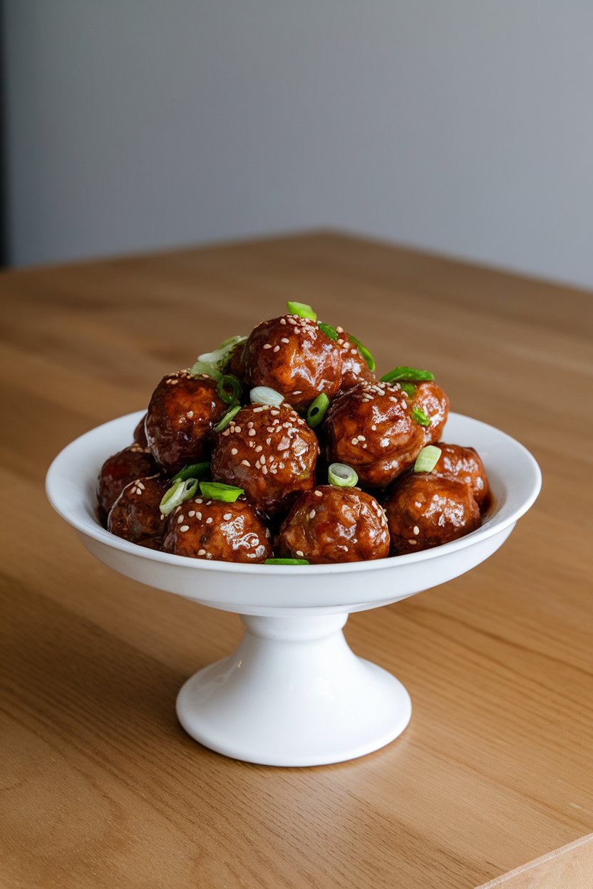 A serving bowl on an indoor table piled with glazed meatballs sprinkled with sesame seeds and sliced green onions. No logos. Photo.