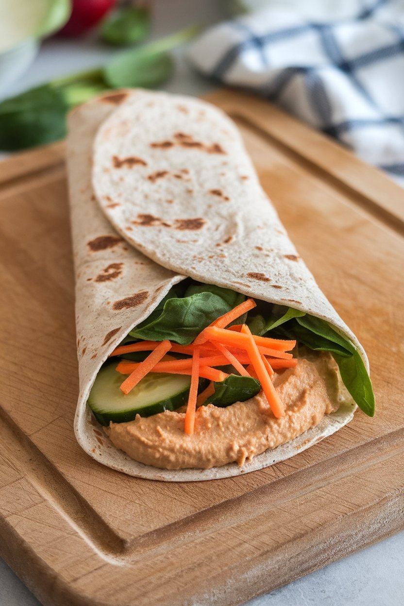 Indoor photo of a sliced whole-wheat tortilla wrap filled with hummus, cucumbers, shredded carrots, and baby spinach, presented on a cutting board; no text or logos.