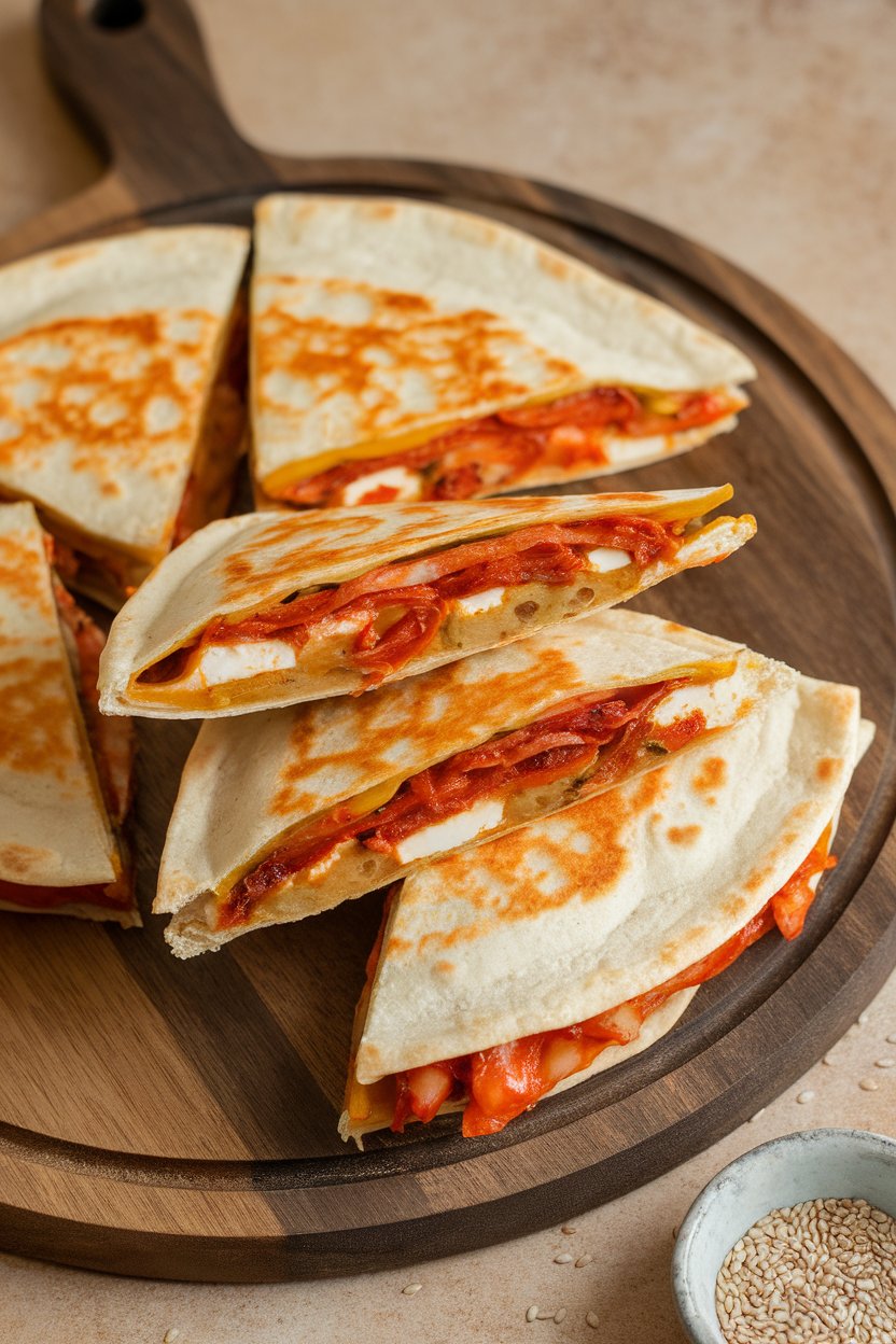 Indoor serving board, tofu and kimchi quesadilla wedges with sesame seeds, photo, no text or logos.