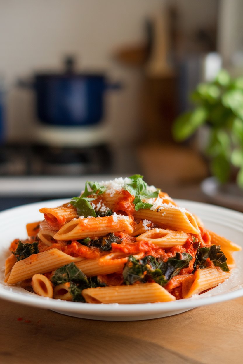 Indoor photo of whole-wheat penne tossed in roasted red pepper sauce with ribbons of kale, plated warmly. No text or logos.