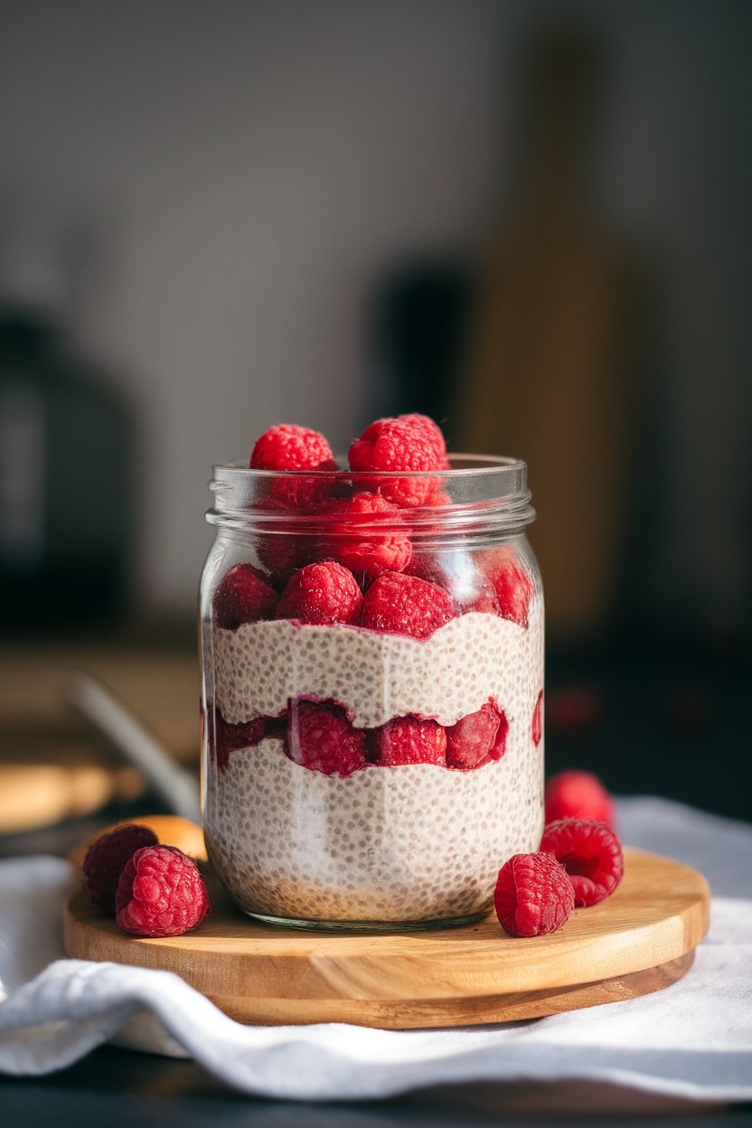 Glass jar indoors containing vanilla chia pudding layered with raspberries, seen in soft morning light. Photo only; no logos or text.