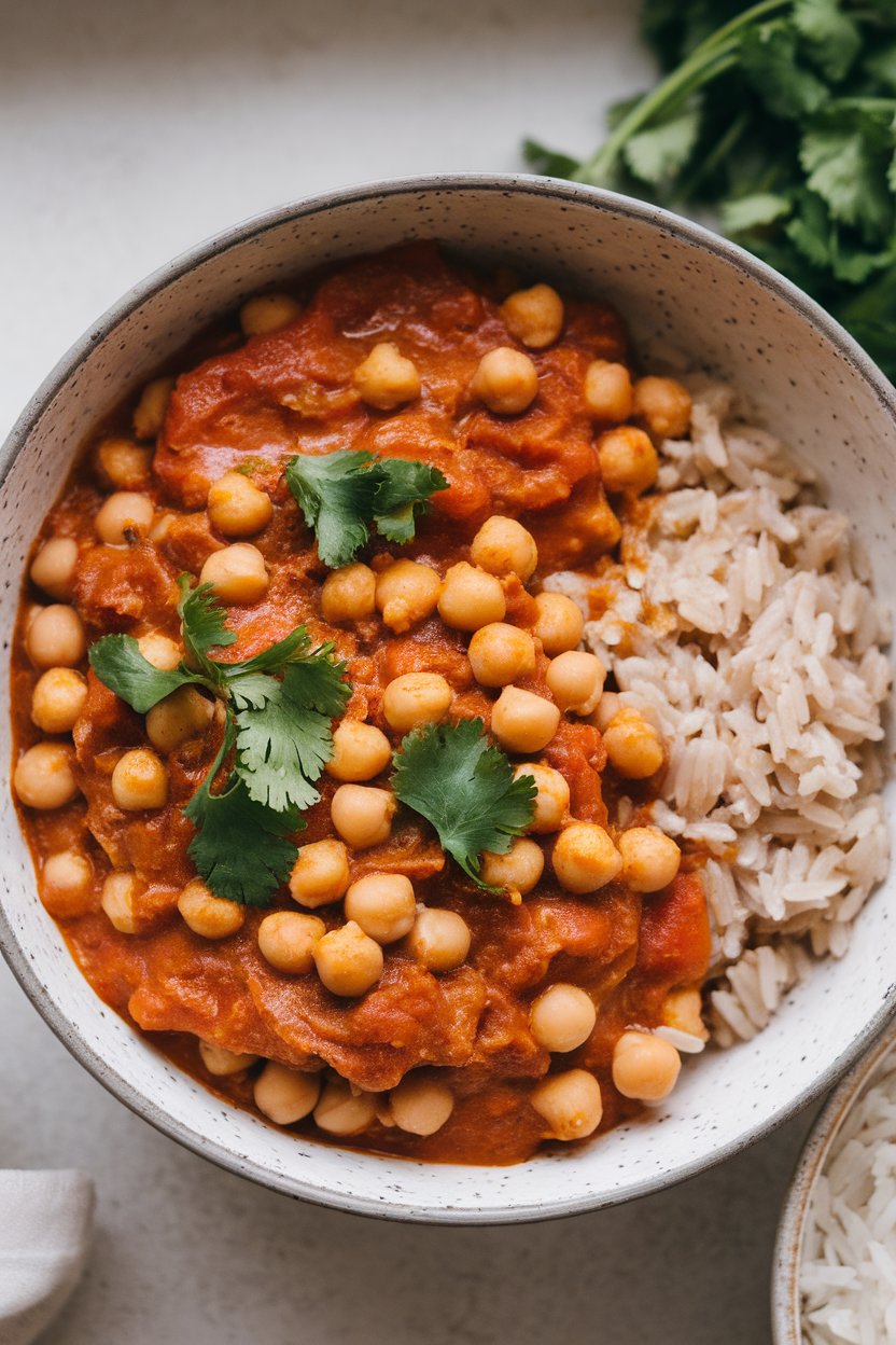 Indoor photo of a shallow bowl with simmering chickpea tomato curry garnished with cilantro, side of brown rice, no text or logos.