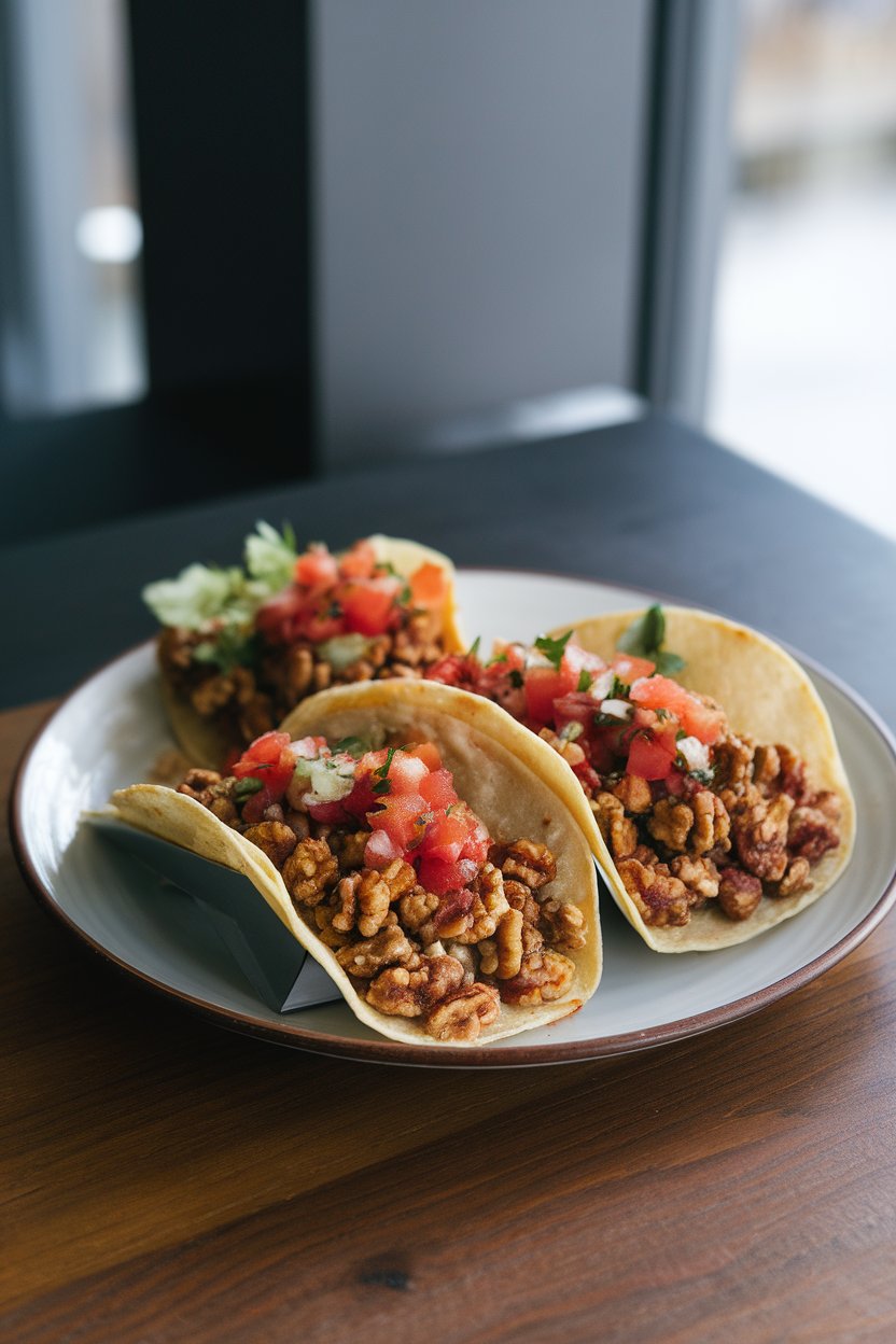 Photo of indoor table showing tacos stuffed with spiced walnut crumble resembling ground meat, topped with tomato salsa. No text or logos.