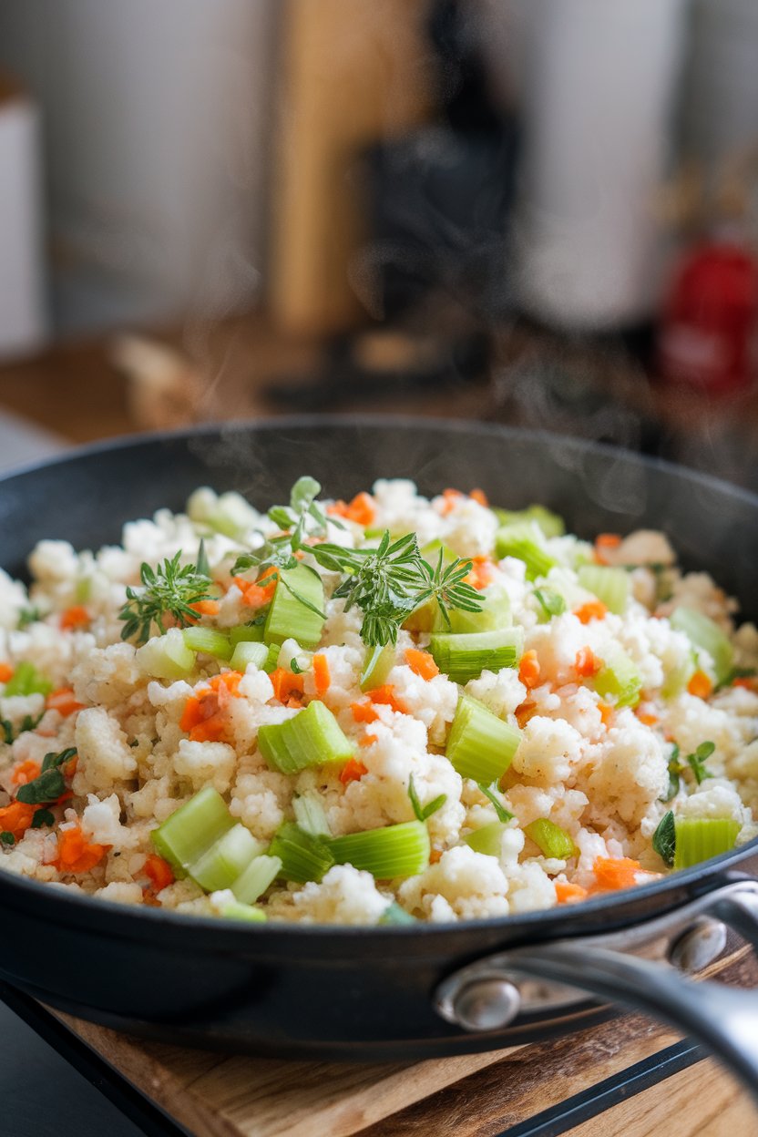 A skillet indoors filled with cauliflower rice mixed with diced celery, carrots, and fresh herbs, steam rising. No text or logos.