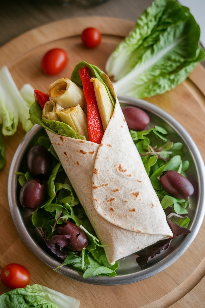 Indoor platter holding a wrap with roasted red peppers, artichoke hearts, olives, and romaine in a tomato basil tortilla. No logos present.