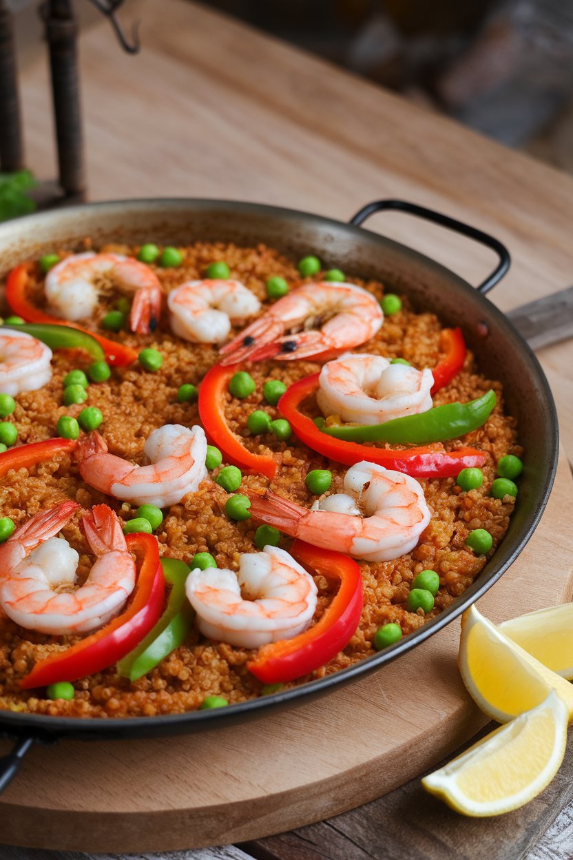 An indoor paella pan of golden quinoa studded with shrimp, bell peppers, and peas, lemon wedges on the side; no text or logos; photo.