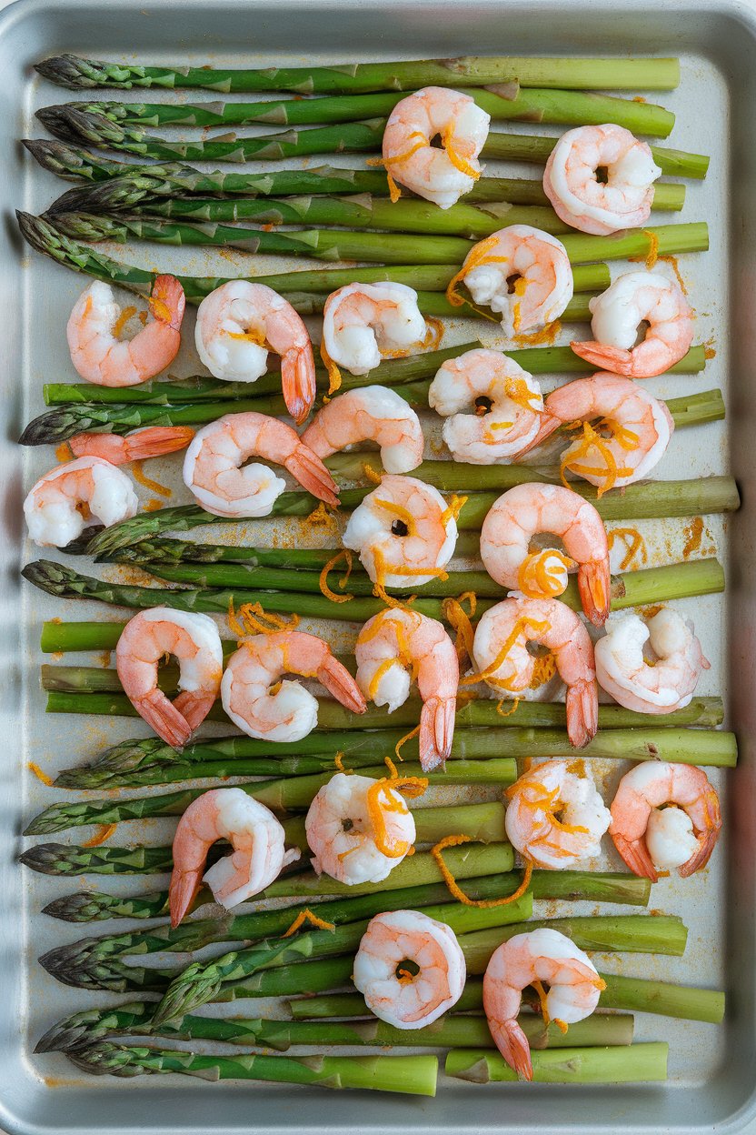 Indoor photo of a sheet pan holding cooked shrimp and asparagus spears drizzled with orange zest, shot overhead. No text or logos.