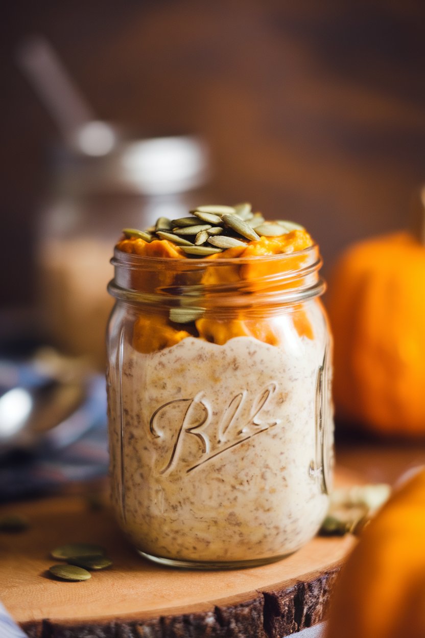 Indoor photo of a mason jar filled with pumpkin overnight oats topped with pumpkin seeds; soft fall lighting, no text or logos