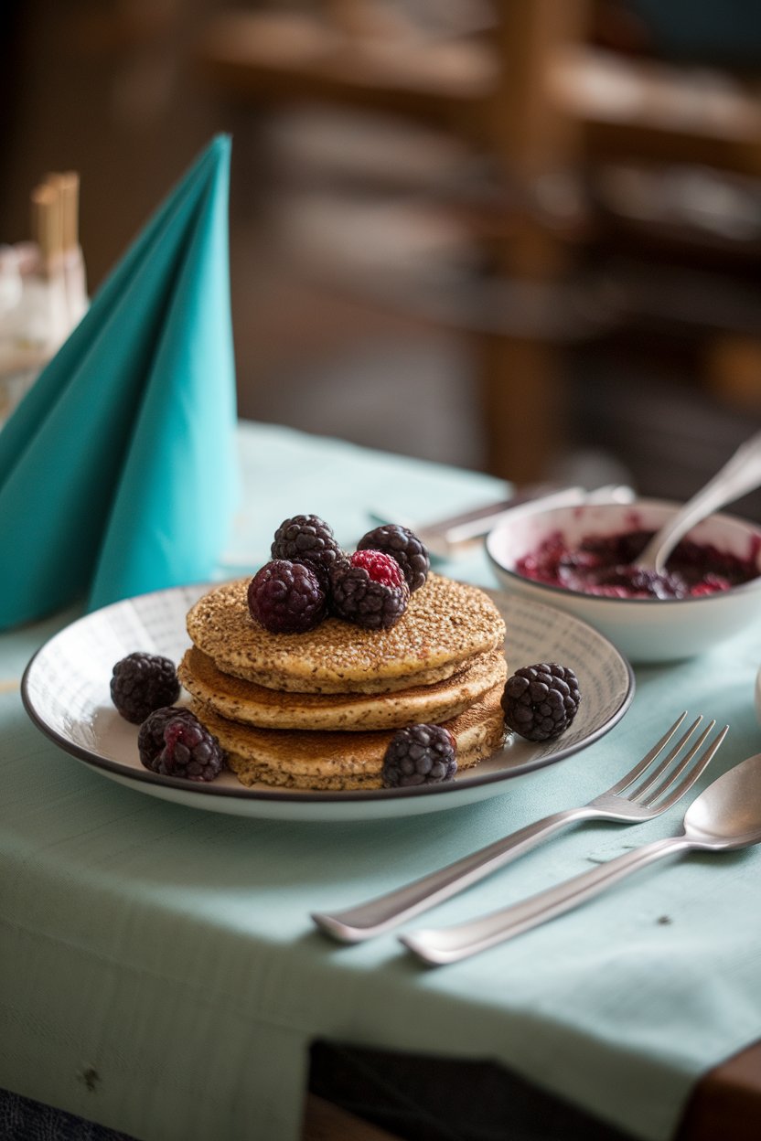 Softly lit table with hemp-seed pancakes dotted with fresh blackberries, a spoonful of berry mash on the side; photo only.