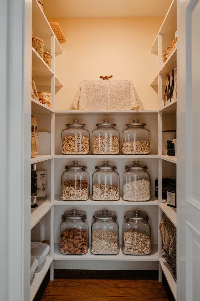 Indoor pantry photo with clear jars of nuts and oats at eye level while a covered box of cookies sits on the top shelf, no text or logos.