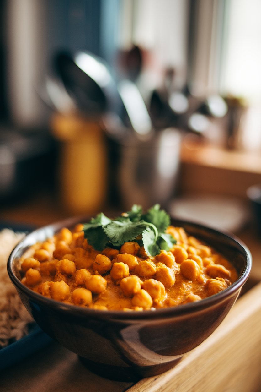 Photo of a deep bowl indoors filled with golden chickpea curry, cilantro on top, served beside brown rice. No logos or text.