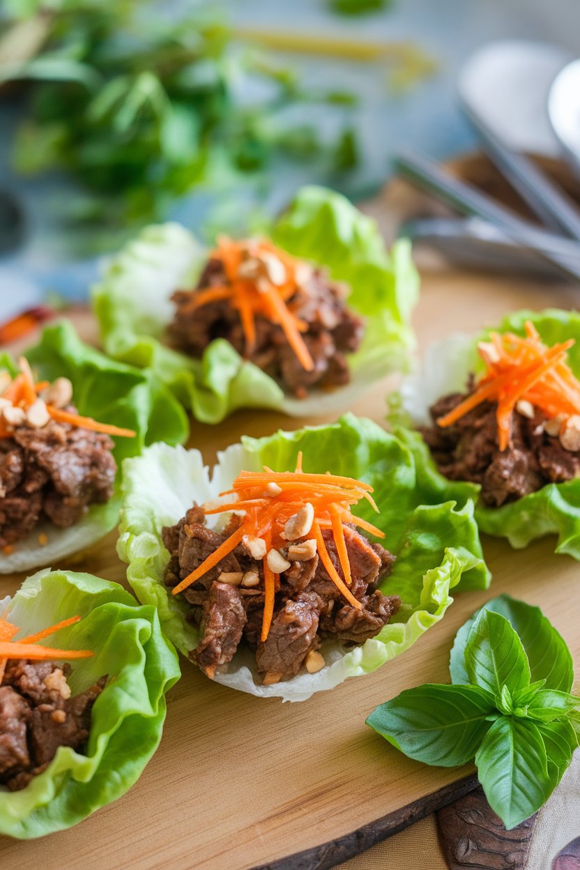 Indoor shot showing butter lettuce cups filled with Thai basil beef, shredded carrot, and chopped peanuts. No text or logos.