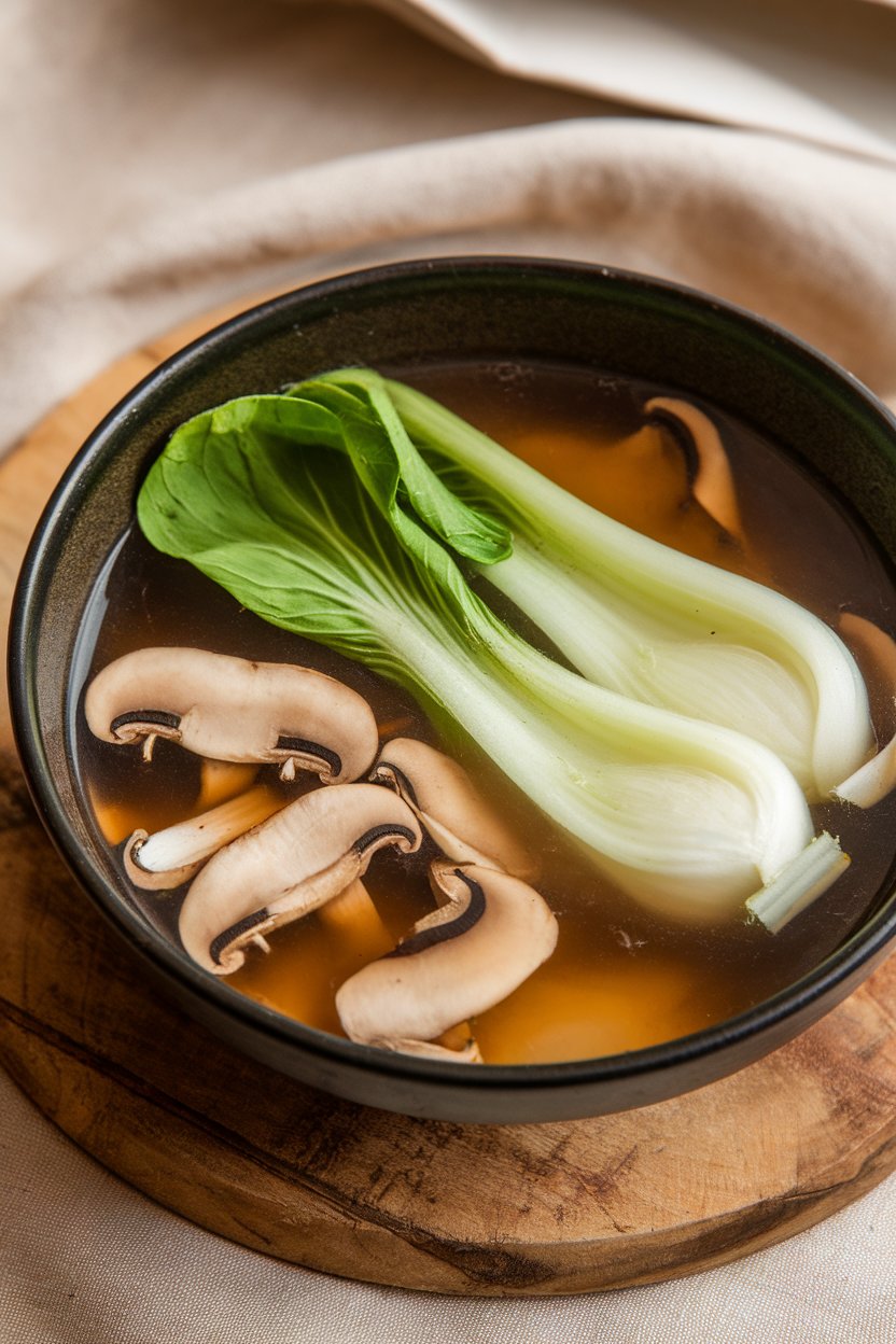 Indoor photo, medium close-up, bowl of clear miso broth with sliced mushrooms and bright green bok choy leaves floating on top; no text or logos