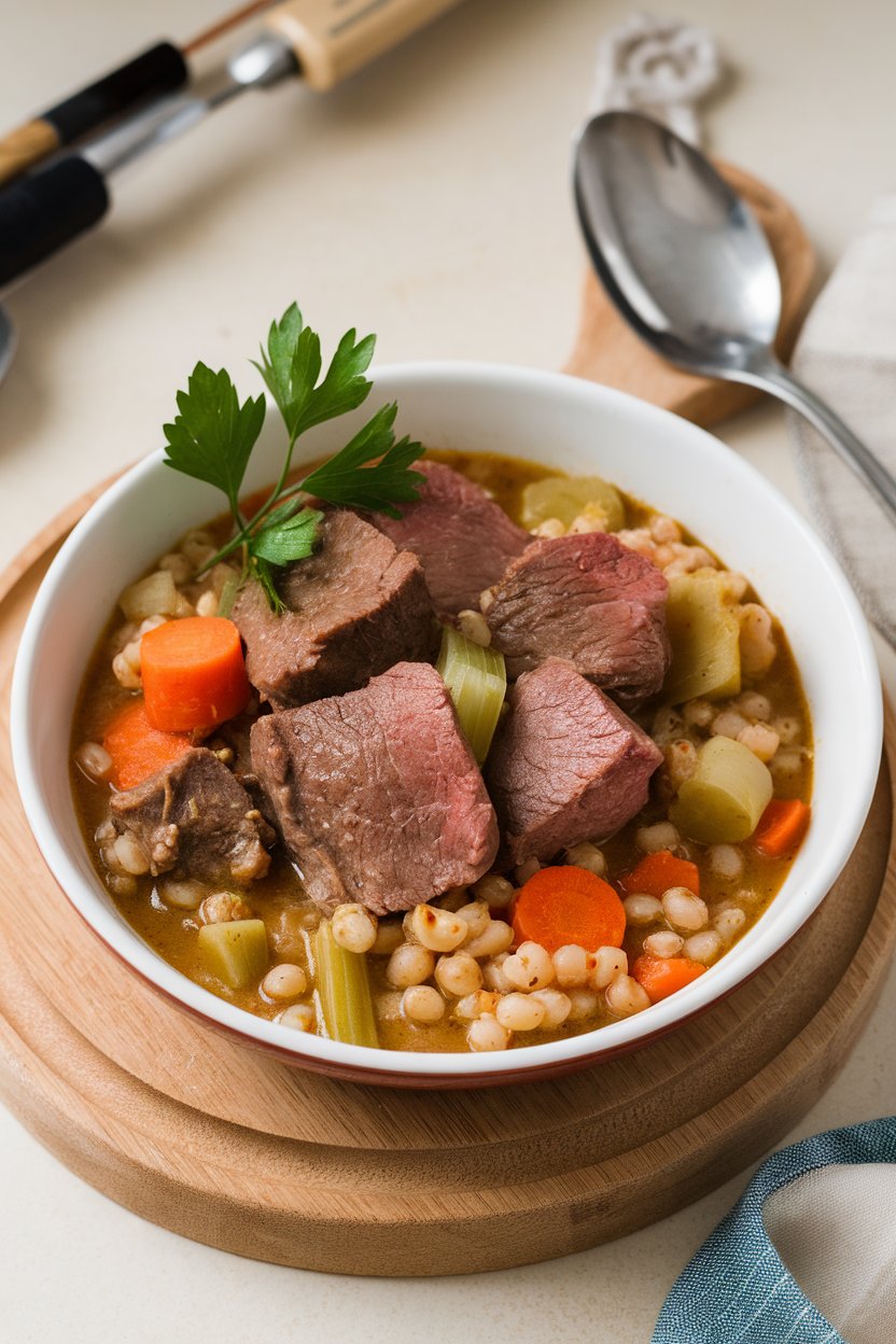 Photo of a hearty stew with chunks of lean beef, carrots, celery, and pearl barley in a thick broth indoors; no text or logos on dishes.