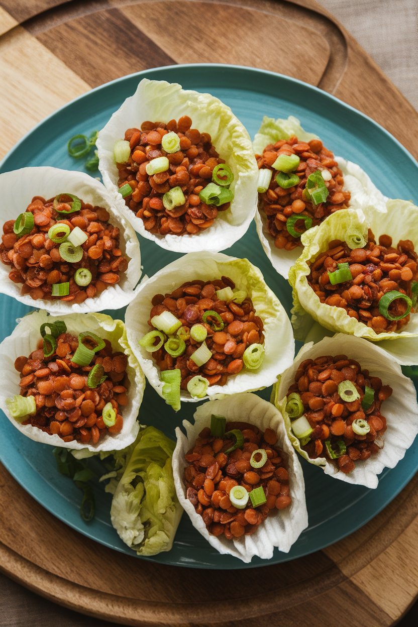 An indoor platter showing crisp iceberg cups filled with saucy red lentils and sprinkled with chopped scallions. No text or logos anywhere. Photo only.