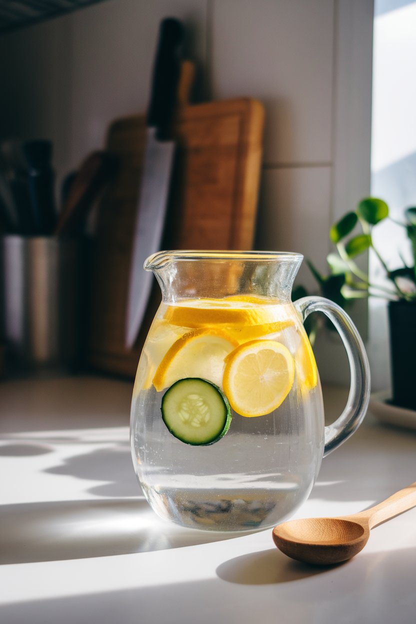 A clear glass pitcher of water with floating lemon and cucumber slices on an indoor kitchen counter under natural light. No text or logos present.